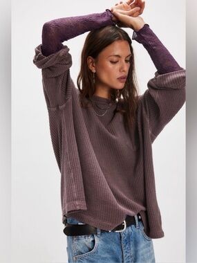 Free People Dusty Mauve Waffle-Knit Long Sleeve Top